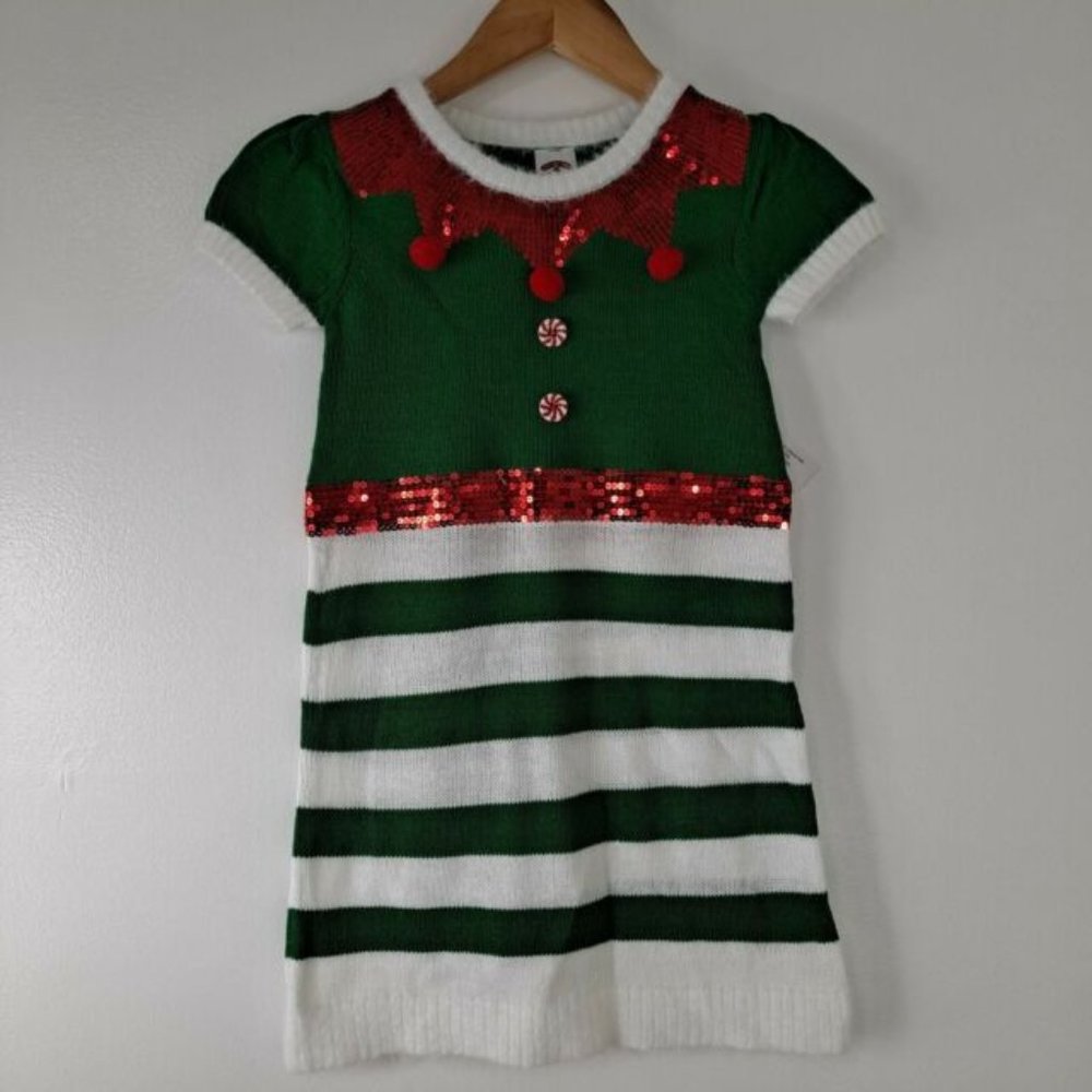 Christmas Sweater Dress Girls Youth Elf Green Stripe XS